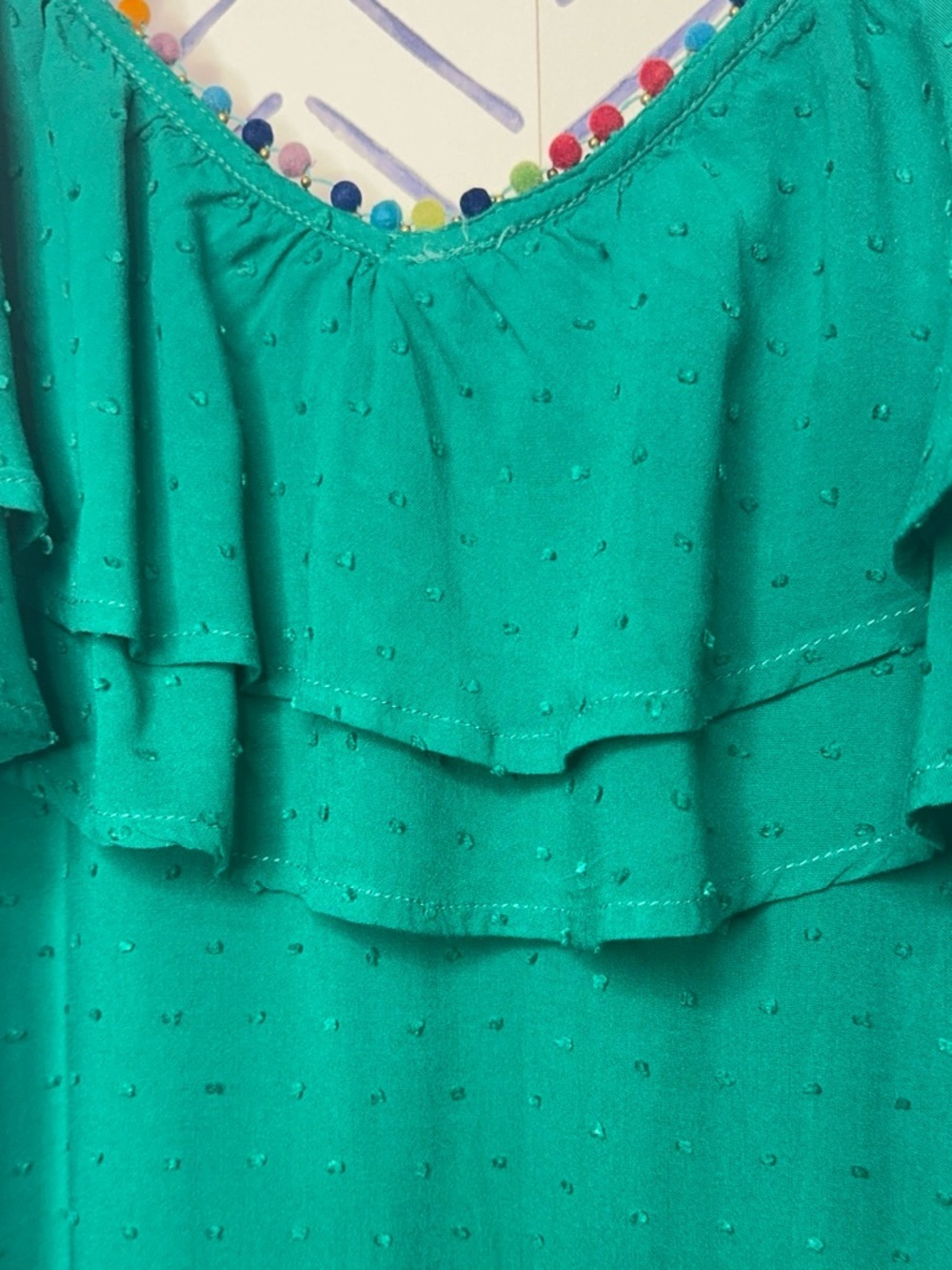 Francesca’s Swiss Dot Pom Pom Ruffled Mini Beach Dress sundress Size Small green - Picture 7 of 8